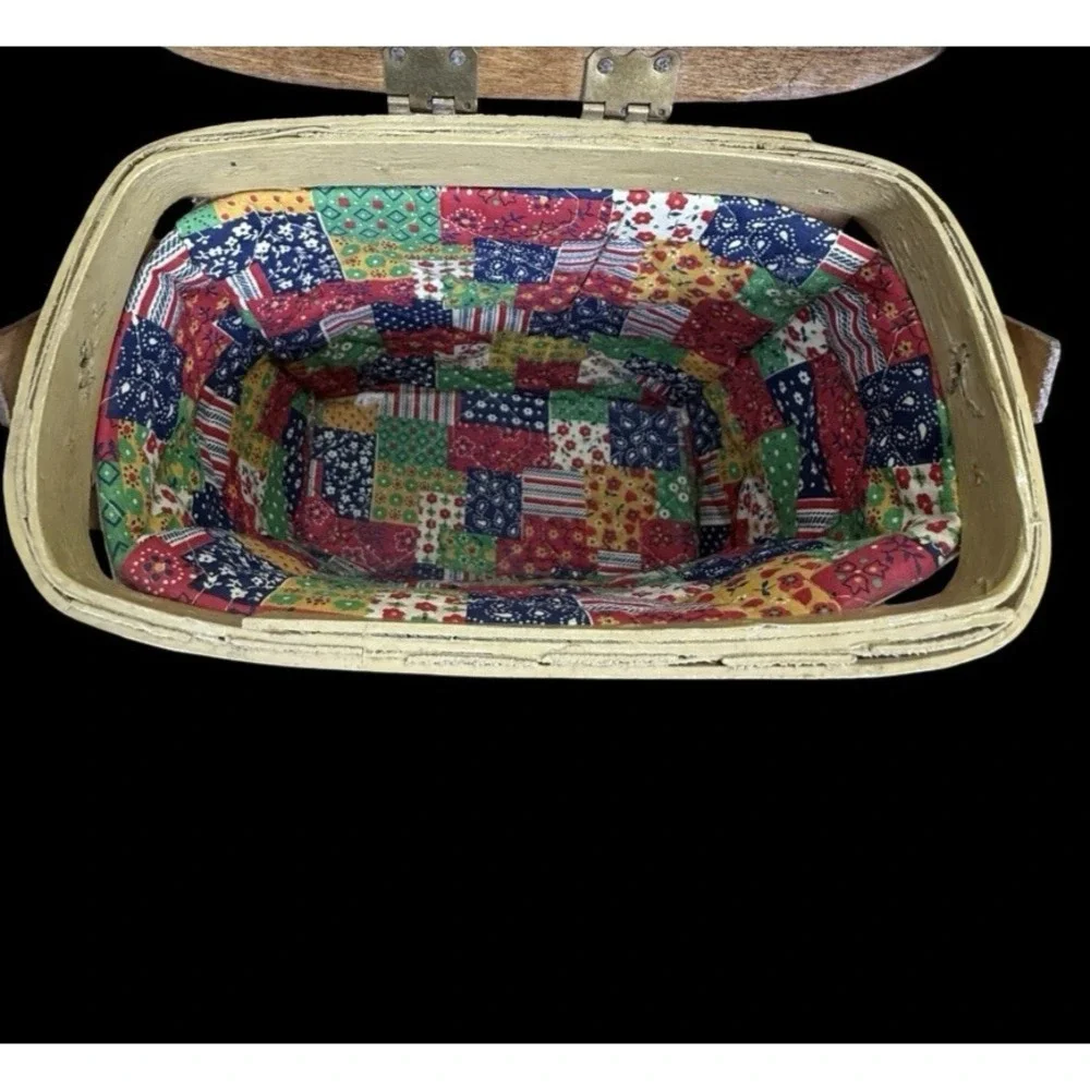 Vintage Hand Painted Wood Splint Basket Folk Art Country Vanity Purse Mirror Lid